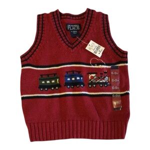 The Children’s Place 6-9m Red Sweater Vest with Train Design - Holiday/Christmas
